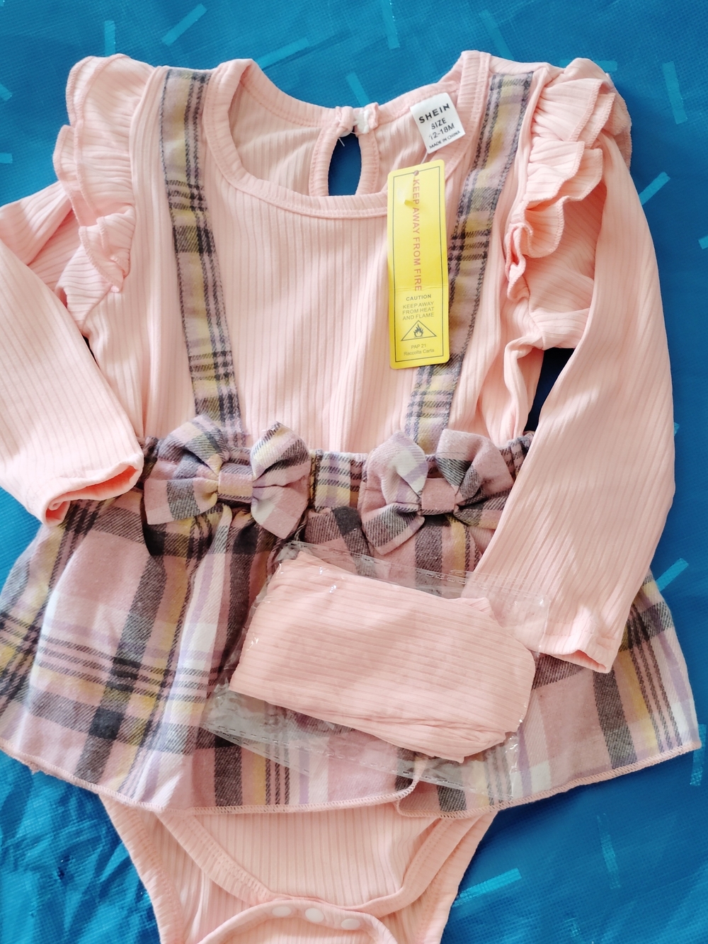 SHEIN Light Pink Ruffle Bodysuit with Plaid Skirt and Bows